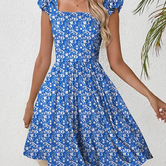 Women's Floral Summer Dress with Pockets Square Neck A-Line Beach Casual - Picture 3 of 5